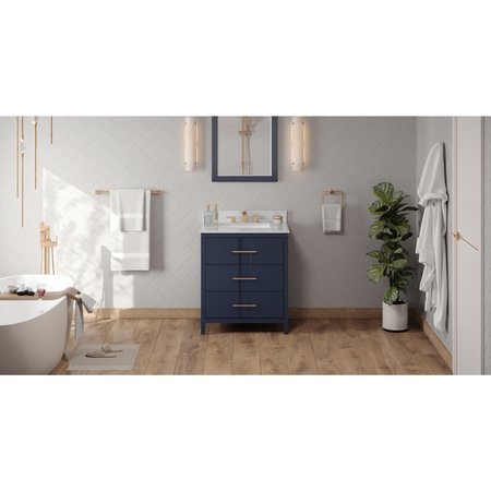 JEFFREY ALEXANDER 30In. Hale Blue Katara Vanity, White Carrara Marble Vanity Top, Undermount Rectangle Bowl VKITKAT30BLWCR